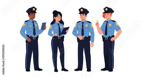 Group of professional male and female police officers in blue uniforms standing together on a white background.