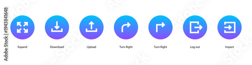 Workflow Process web banner icon vector illustration featuring Expand, Download, Upload, Turn Right, Turn Right, Log out, and Import.