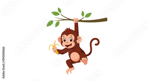 Playful brown monkey hanging from a tree branch with one hand and holding a peeled banana with the other.