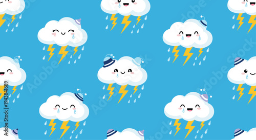 Cute stormy cloud characters with raindrops and lightning bolts in a seamless pattern on a bright blue sky.