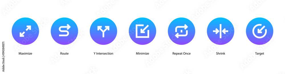 Fototapeta premium Path and Targets web banner icon vector illustration featuring Maximize, Route, Y Intersection, Minimize, Repeat Once, Shrink, and Target.