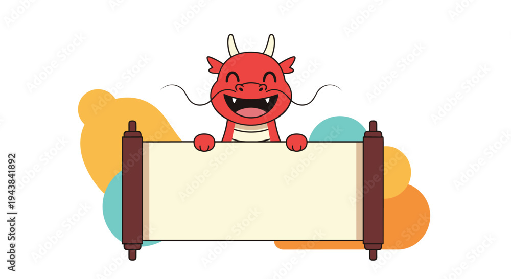 Fototapeta premium Cute red dragon character holding a blank traditional paper scroll for chinese new year or oriental festival message.
