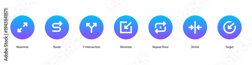 Path and Targets web banner icon vector illustration featuring Maximize, Route, Y Intersection, Minimize, Repeat Once, Shrink, and Target.
