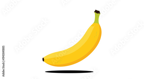 Simple flat illustration of a ripe yellow banana with green stem and soft shadow isolated on white background.