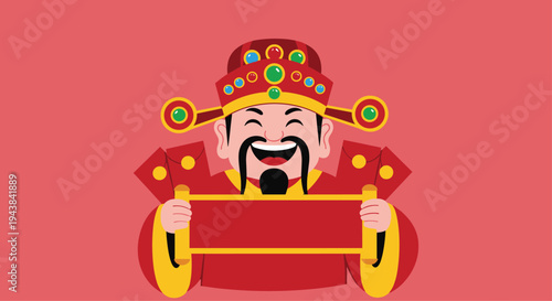 Traditional chinese god of wealth caishen smiling and holding a blank red scroll banner for lunar new year.