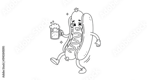 Black and white vintage style cartoon hot dog character holding a mug of beer with foam and sparkles on white background.