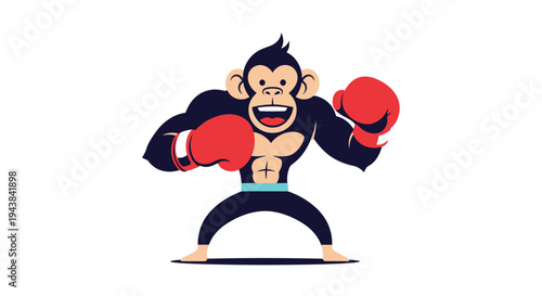 Strong monkey boxing athlete with large red gloves and muscular body isolated on white background for sports design.