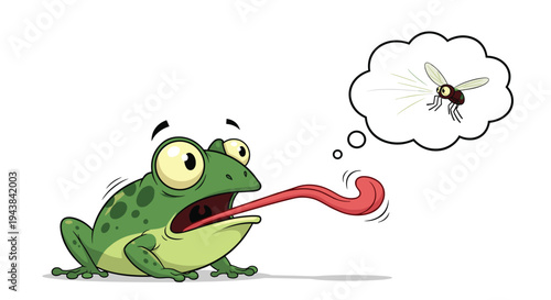 Hungry green frog with a long tongue thinking about catching a fly for nature and humor concept illustration.