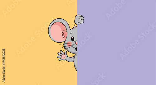 Cute gray mouse waving and peeking from behind a purple and yellow wall for surprise and curiosity concept.