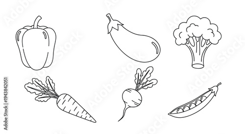 Coloring book page with various healthy vegetables including bell pepper eggplant broccoli carrot radish and peas.