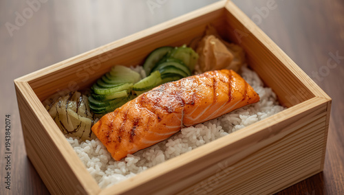 Grilled salmon fillet rice with sliced cucumber and pickled ginger wooden bento box
