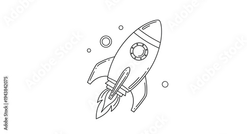 Coloring book page for children featuring a space rocket launching into the sky among stars and small planets.
