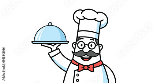 Professional chef character with mustache and glasses holding a silver platter with a cloche for food presentation.