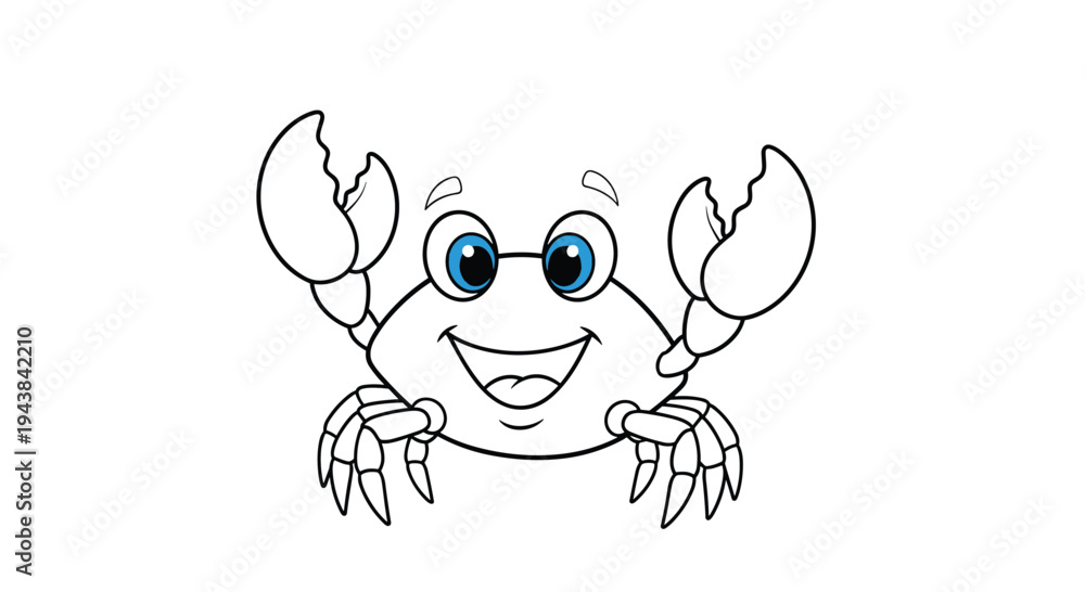 Fototapeta premium Friendly line art illustration of a smiling crab with its claws raised up for a fun coloring activity.