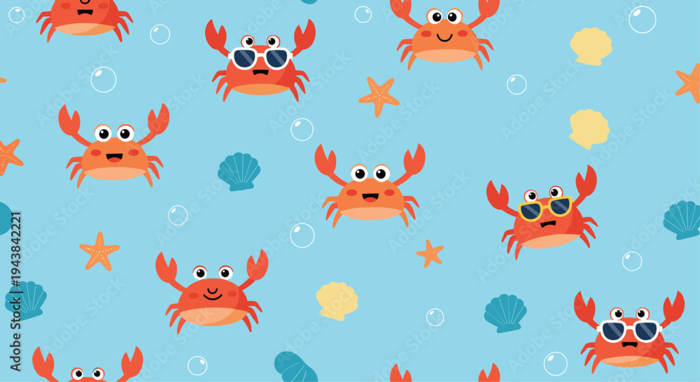 Naklejka premium Colorful summer seamless pattern featuring cute crabs, starfish, shells, and bubbles over a light blue background.