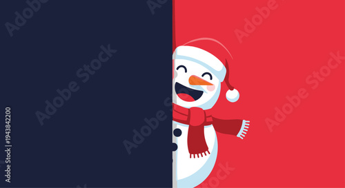 Joyful snowman wearing a red santa hat and scarf peeking from behind a dark blue wall over a red background.