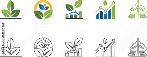 Collection of eco friendly and sustainable logos and green, blue icon