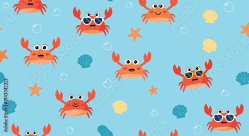 Colorful summer seamless pattern featuring cute crabs, starfish, shells, and bubbles over a light blue background.