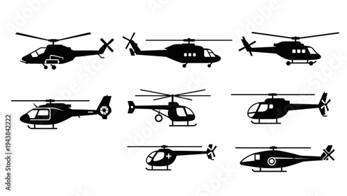 Several helicopters are flying in the sky with various designs.