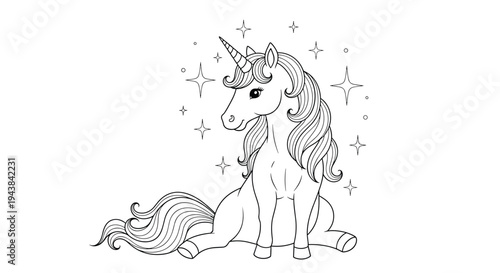 Beautiful line art illustration of a majestic unicorn lying down surrounded by shimmering stars and circles.