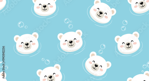 Sweet seamless pattern showing cute polar bear heads swimming in blue water with bubbles for a nursery theme.