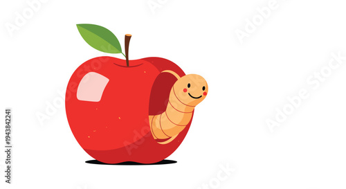 Funny cartoon illustration of a happy little worm peeking out from a hole in a big red apple with a leaf.