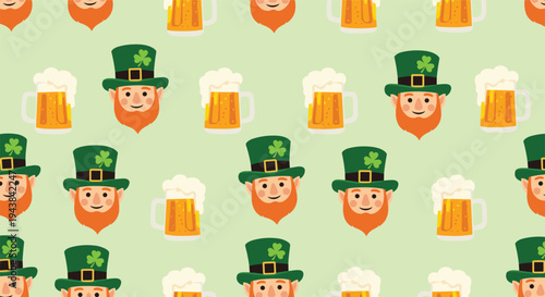 Cheerful seamless pattern with leprechaun heads and mugs of frothy beer for st patricks day celebrations.