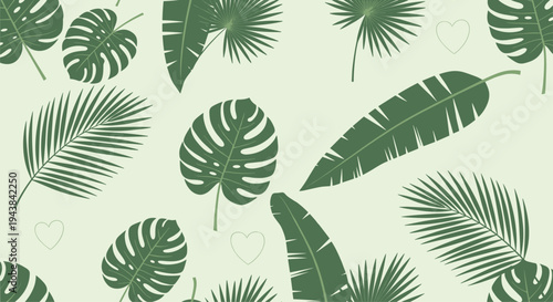 Lush tropical seamless pattern with various green palm and monstera leaves and small hearts on a light background.