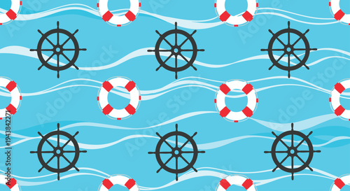 Nautical seamless pattern with ship wheels and lifebuoys floating on blue ocean waves for a maritime theme.