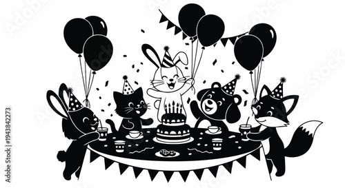 Dark contour scene of a festive gathering around a dessert feast.