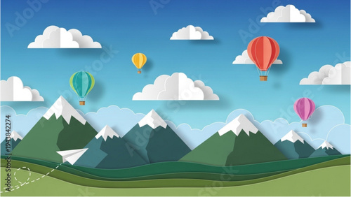 Hot air balloons float above snowy mountains with green landscape