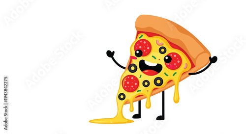 Funny pizza slice character mascot with a happy face and toppings like pepperoni and olives against a white background.