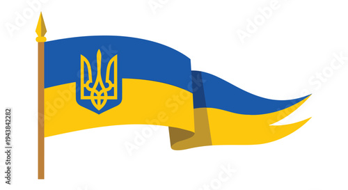 Waving flag of ukraine with its national blue and yellow colors and the trident emblem on a white background.