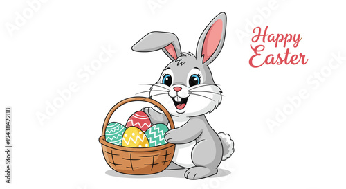 Adorable grey easter bunny holding a wicker basket filled with colorful decorated eggs and a happy easter text.