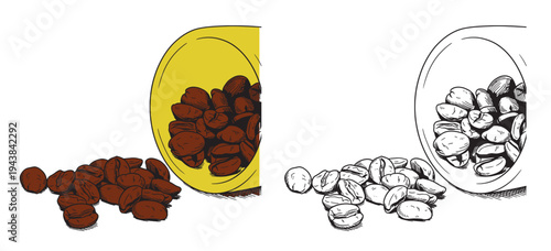 Coffee set graphic color isolated sketch illustration vector. Coffee beans in Hands. Art colorful design element
