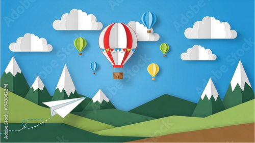 A hot air balloon flies over snow-capped mountains with a paper airplane soaring nearby.