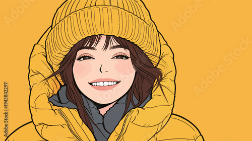 A woman with a big smile wears a bright yellow winter coat in front of a yellow background. She enjoys the chilly weather.