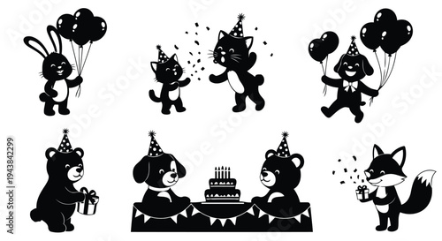 Black and white silhouette icon set of pets with gifts and confetti.