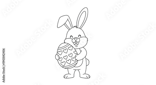 Outline of a cute bunny rabbit holding a large easter egg decorated with heart shapes for children coloring activities and fun.