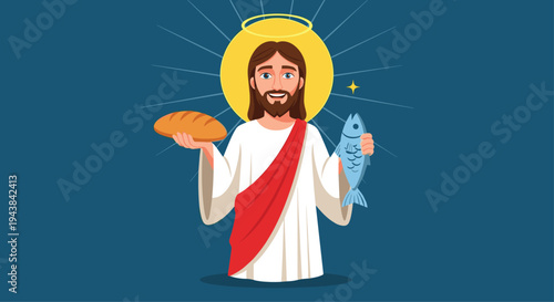 Jesus christ character wearing a white robe and red sash holding a loaf of bread and a fish in his hands for religious and holy art.