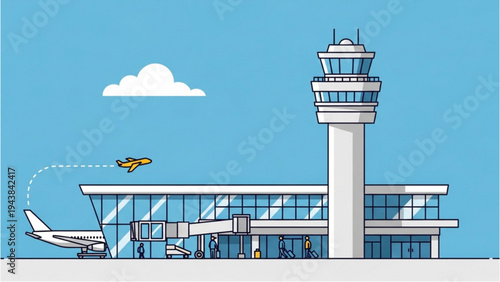 A plane takes off near a busy airport terminal building with a control tower.