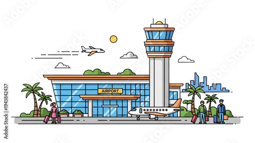 Airplane takes off near airport terminal with people waiting outside on a sunny day