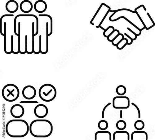 Business teamwork and partnership vector icon set for professional collaboration, corporate deal agreement, and organizational management