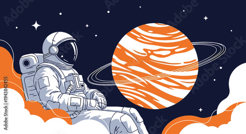 Astronaut sitting on a fluffy cloud in space looking at a large ringed planet in a starry night sky for imagination and dreams.