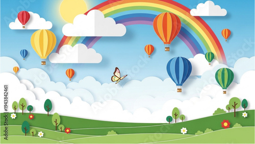 Vibrant hot air balloons float under a rainbow in a sunny sky with fluffy clouds and lush green hills.