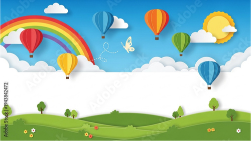 Colorful hot air balloons float above green hills under a rainbow