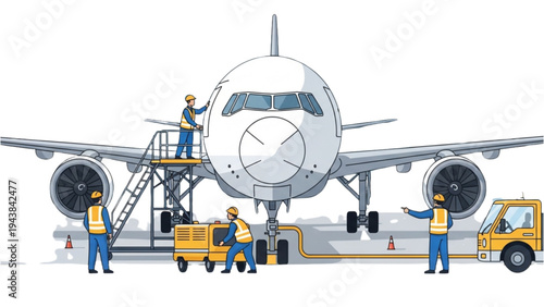 Workers servicing a large airplane on the ground at an airport