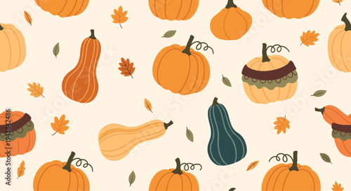 Seamless pattern of various pumpkins in different shapes and colors with autumn leaves on a soft beige background for fall season.