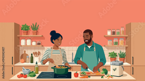 Modern Kitchen Interior Illustration with Fresh Vegetables and Cooking Ingredients