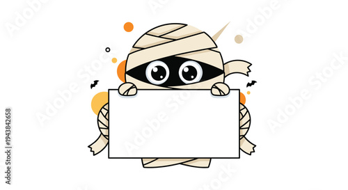 Cute mummy character wrapped in bandages holding a large blank white sign for your custom message or text during halloween holiday.